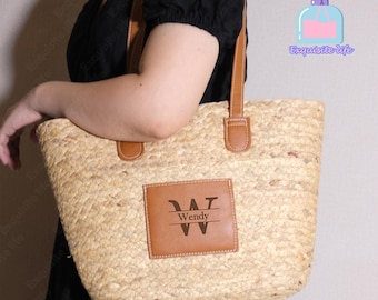 Personalised Straw Beach Bag,Custom Name Leather Basket, French Market Basket Bag With Leather,Boho Basket,Market Bag,Gifts For Her,Hand Bag
