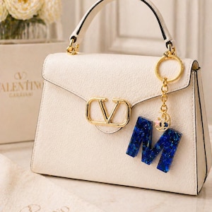 Luxury Personalized Initial Keychain, Resin Letter Bag Charm, Custom Monogram Purse Charm, Handmade Gift for Her, Initials Blue Gold Keyring
