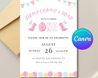 May include: A pink and white dinosaur-themed first birthday party invitation with the text "STOMP.CHOMP & ROAR" and "OLIVIA IS TURNING ONE". The invitation includes a date and time for the party, as well as an address and RSVP information.