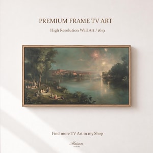 May include: A framed landscape painting in a 16:9 aspect ratio featuring a river scene at dusk with fireworks in the sky, trees, and people gathered on the grassy bank. Text reads: PREMIUM FRAME TV ART, High Resolution Wall Art / 16:9, Find more TV Art in my Shop, Maison AURORA.