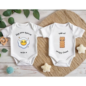 Twin Onesies - Funny Baby Bodysuit Set - Egg-stra Special & Crispy Chaos - Gift for Twins