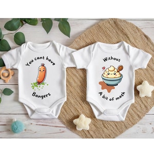 Twin Onesies - Funny Baby Bodysuit Set - Bangers Without Mash - Gift for Twins