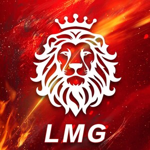 May include: A white lion with a crown on its head, against a red and orange background with the text "LMG" below.