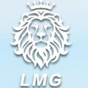May include: White lion head logo with a crown on top and the letters LMG below.