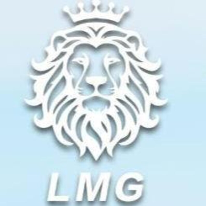 May include: White lion head logo with a crown on top and the letters LMG below.