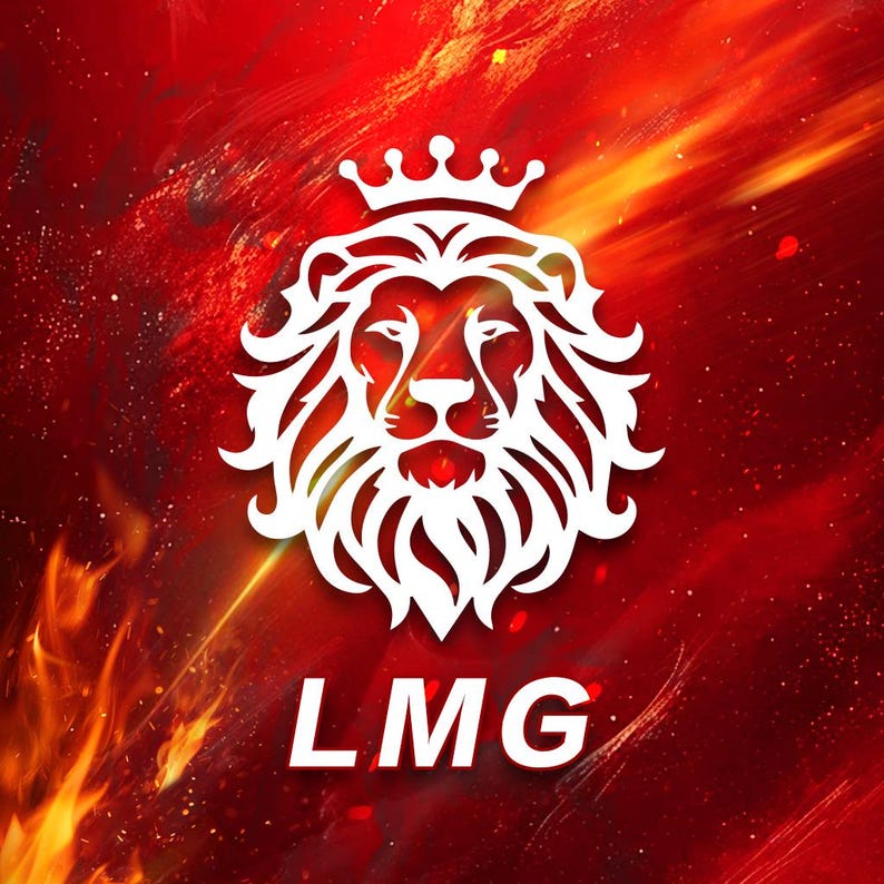 May include: A white lion with a crown on its head, against a red and orange background with the text "LMG" below.