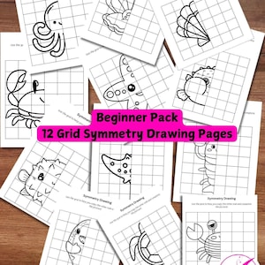 Könnte beinhalten: Ein Satz von 12 druckbaren Gitter-Symmetrie-Zeichenblättern mit verschiedenen Meeresbewohnern, darunter ein Krebs, ein Seestern, ein Tintenfisch und eine Schildkröte. Die Blätter sind für Kinder gedacht, um ihre Zeichenfähigkeiten zu üben und Symmetrie zu lernen.