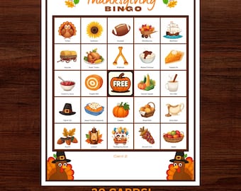 Op de afbeelding: Thanksgiving Bingo-kaart met kleurrijke illustraties van kalkoen, pompoen en andere vakantiesymbolen. De kaart bevat de tekst "Thanksgiving BINGO" bovenaan en "30 KAARTEN! PRINT 1 OF 2 PER PAGINA" onderaan.