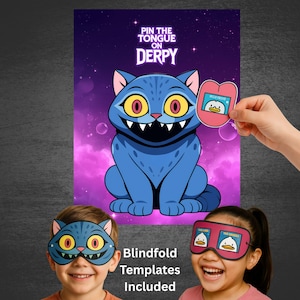 Puede incluir: Un póster de juego de fiesta con un gato de dibujos animados azul con el texto "Pin the Tongue on Derpy". La imagen incluye una pegatina de lengua y dos niños que llevan antifaces con temática de gato. El texto "Blindfold Templates Included" también es visible.