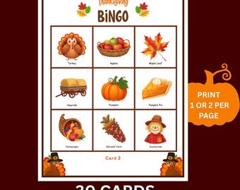 May include: Thanksgiving Bingo game card featuring images of a turkey, apples, maple leaf, hayride, pumpkin, pumpkin pie, cornucopia, harvest corn, and a scarecrow. The card is labelled "Card 3" and includes the text "30 CARDS".