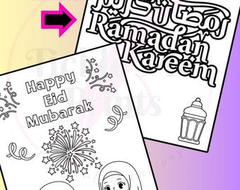 May include: Black and white coloring page featuring a crescent moon and star, the Arabic text "Ramadan Kareem", and a lantern. The second page features a fireworks display, the text "Happy Eid Mubarak", and two children holding sparklers.