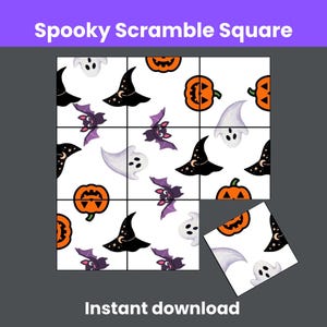 May include: A Halloween-themed puzzle with a white background. The puzzle features illustrations of pumpkins, bats, witch hats, and ghosts. The text "Spooky Scramble Square" is at the top, and "Instant download" is at the bottom.