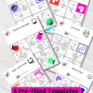 May include: Six printable templates for a fortune teller game, also known as a cootie catcher or a Chinese fortune teller. Each template has a different theme: Funny Chatterbox, Fortune Teller, Tongue-Twister, Kind Chatterbox, Compliment, and Silly Edition. The templates are designed with colorful illustrations and text.