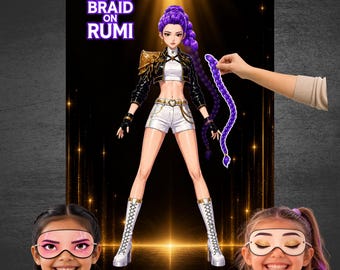 Rumi Attacca la treccia, Gioco per feste K-pop, Attacca la coda Kpop, Attività stampabile per feste di cacciatori di demoni, Dorato