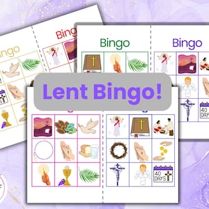 Bingo di Quaresima di Pasqua/Attività pasquale stampabile con la Bibbia per bambini, Bingo in chiesa/Carte da gioco cattoliche/Gioco religioso di Pasqua per bambini, Tabelloni del bingo