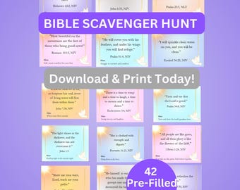 May include: A colorful printable Bible scavenger hunt with 42 pre-filled clues. The image features a pink background with a variety of Bible verses in gold and white text.