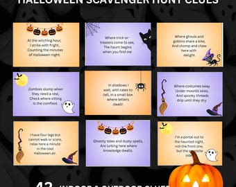 May include: A Halloween scavenger hunt graphic featuring nine clue cards with riddles and illustrations of pumpkins, ghosts, and witches' hats. The text includes "HALLOWEEN SCAVENGER HUNT CLUES" and "42 INDOOR & OUTDOOR CLUES".
