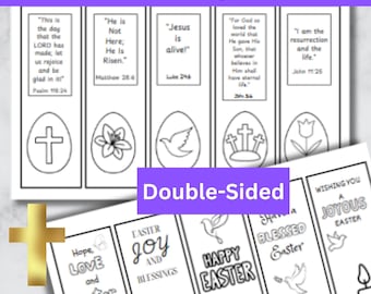 May include: Easter Bible coloring bookmarks with religious quotes and Easter-themed illustrations. The bookmarks are double-sided and feature images of crosses, flowers, doves, and eggs. The text includes phrases like "Jesus is alive!" and "Happy Easter."