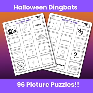 Könnte beinhalten: Zwei Halloween-Rebus-Puzzle-Blätter mit Schwarz-Weiß-Illustrationen und Text. Oben im Bild steht "Halloween Dingbats" und "Halloween Rebus". Unten im Bild steht "96 Picture Puzzles!!".
