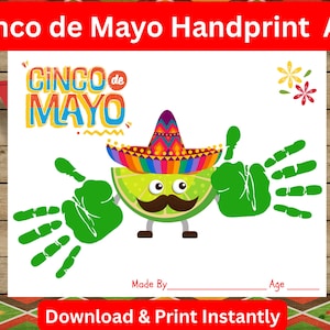 Arte con huellas de manos del Cinco de Mayo: manualidad imprimible para niños con temática de sombrero mexicano, actividad preescolar para jardín de infantes, regalo de recuerdo con huellas de manos