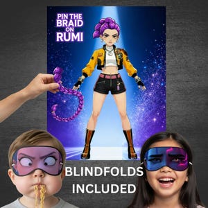 Puede incluir: Un juego de fiesta con un póster con un personaje de dibujos animados y el texto "Pin the Braid on Rumi". Incluye antifaces. Una mano sostiene una trenza morada. Dos niños llevan antifaces.