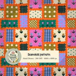 May include: A vibrant seamless pattern with patchwork squares in pink, orange, green, and blue. The squares showcase diverse designs, such as polka dots, plaid, and floral patterns. The image includes the text "Seamless pattern".