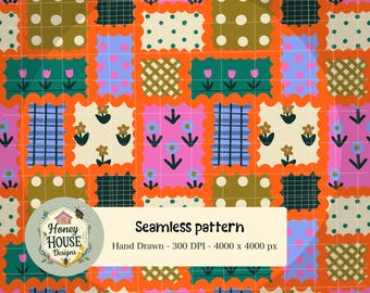 Colorful Patchwork Seamless Pattern | Retro Quilted Digital Paper | Folk Art Floral Printable Background | Boho Scrapbook Paper
