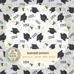 Graduation Pattern 2026: Cap, Diploma Seamless Digital Paper (PNG Downloadable File 12x12in, 300 DPI)