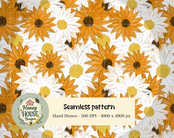 Hand Drawn Daisy Seamless Pattern | Orange & White Floral Digital Paper | Scrapbooking, Fabric Design, Sublimation, Boho Digital Download