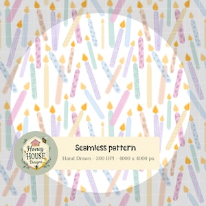 May include: A seamless pattern of hand-drawn birthday candles in pastel shades of pink, blue, and yellow. The candles are decorated with hearts and stars. The text "Seamless pattern" is visible.