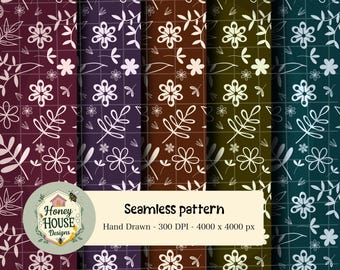 Paquete de patrones florales sin costuras, 5 papeles digitales, fondos botánicos dibujados a mano, álbum de recortes bohemio, diseños rústicos sin costuras