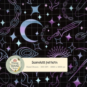 Puede incluir: Diseño de patrón sin costuras con fondo negro y superposición de cuadrícula. El diseño presenta una luna creciente, estrellas, cadenas y una espada en tonos morados y azules. Se incluye el texto "Seamless pattern".