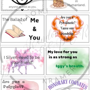 May include: A collection of illustrated cards with various romantic and friendship-themed messages. The cards feature text like "I've NEVERSEEN anyone as cool as you" and "My love for you is as strong as Iggy's breath."