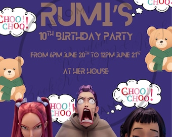 Ensemble de 3 invitations KPDH modifiables | Huntr/x, Zoey, Mira, Rumi | Modifiables avec Canva | Soirée pyjama d'anniversaire | Fête K-Pop Chasseurs de Démons | Pyjamas