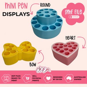 May include: Three 3D printed mini pen displays in light blue, yellow, and pink. The blue display is round and tiered, the yellow display is shaped like a bow, and the pink display is heart-shaped. Each features multiple circular holes for pens.