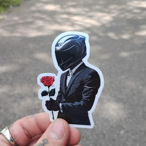 Biker With Rose, Waterproof, Motorcycle Helmet, Skateboard, Laptop, Water Bottle, Sticker Decal