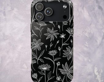Minimalist Floral iPhone Case, Black and White Botanical Line Art