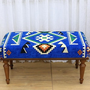 Blue Kilim Bench Upholstered with Handmade Turkish Rug Cover, Boho Entryway Seating, Unique Accent Furniture, Ottoman Rug Sofa, Piano Bench
