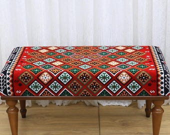 Banc rembourré, Banc ottoman, Banc d'entrée, Banc Kilim Soft Seat, Banc au design unique, Décoration de salon pour invités, Banc de piano