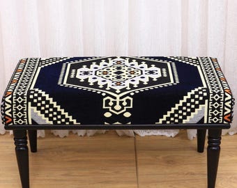 Navy Rug Upholstered Bench, Handmade Furniture, Ottoman Seat for Entryway, Bedroom Decor, Footstool, Housewarming Gift, Decorative Bench
