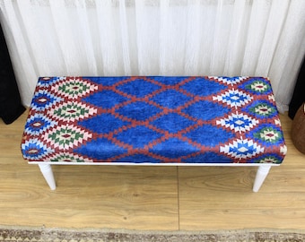 Piano Bench, Ottoman Bench, Kilim Dining Bench, Upholstered Bench, Rotary Wheels, Handmade Furniture, kitchen chair, living room bench, Blue