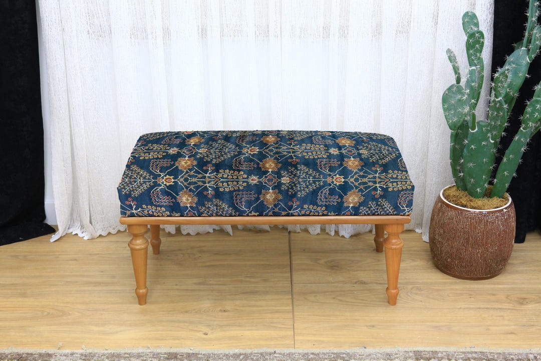 Dark Blue Botanical Pattern Bench, Elegant Upholstered Ottoman Stool ...