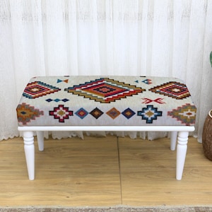 Multi-Purpose Bedroom Boho Kilim Ottoman Bench, Upholstered Seat for Makeup, Footstool, TV Chair, Rest Stool, Decorative Home Accent, Bench