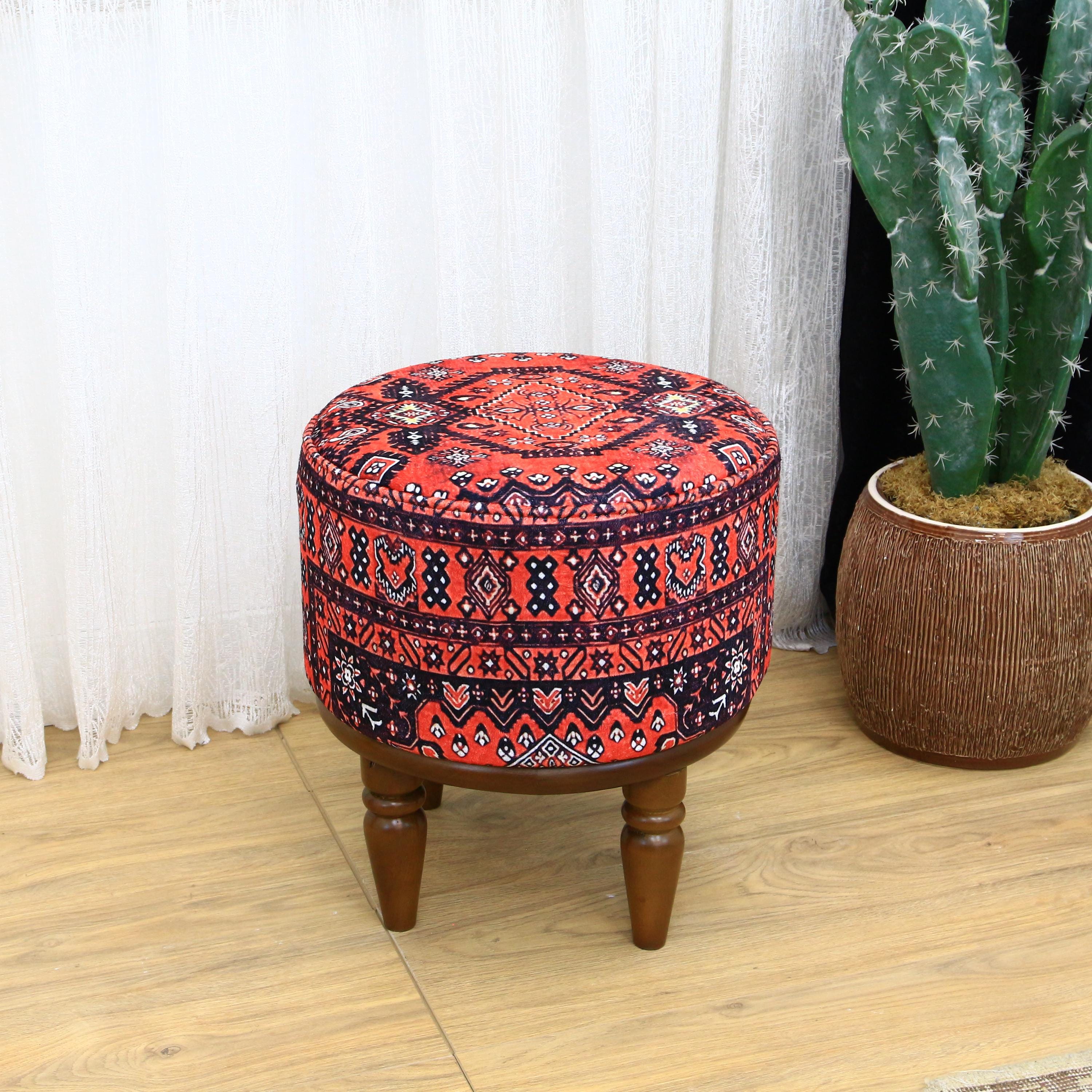 Make up bench, Vintage rug bench, Farmhouse bench, Upholstered bench, Round ottoman, Footstool bench, Vanity bench, Yoga bench,