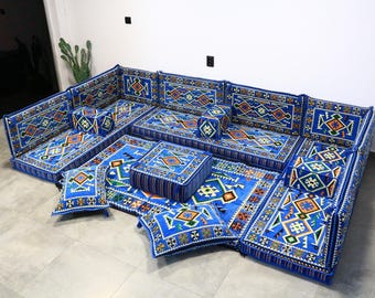 Blue Arabic Floor Sofa Set, Tribal Majlis Seating, Boho Moroccan Floor Couch, Middle Eastern Home Decor, U Full Sofa SET, Oriental Lounge