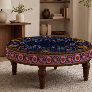 Patchwork Print Round Ottoman, Upholstered Foot Rest, Bedroom Bench Seat, Spring Refresh afbeelding 7