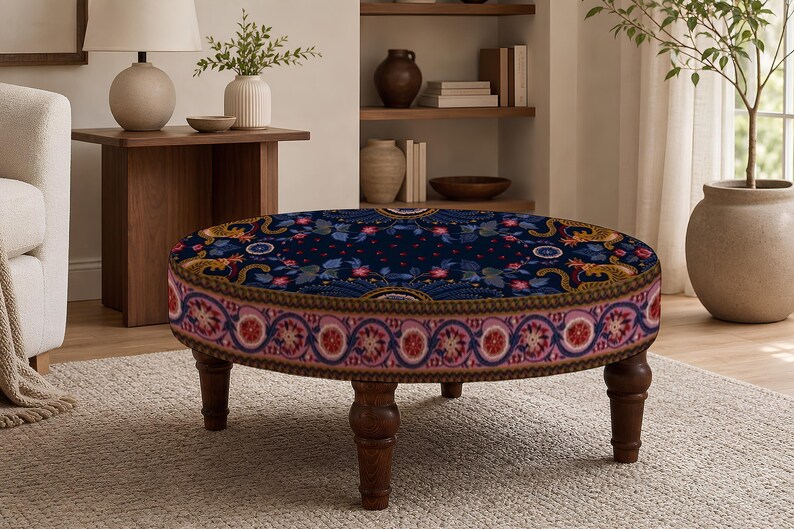 Patchwork Print Round Ottoman, Upholstered Foot Rest, Bedroom Bench Seat, Spring Refresh afbeelding 7
