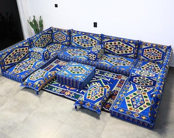 Traditional Blue Arabic Floor Seating Set with Rug, Moroccan Sofa Majilis, Kilim Yemen Majlis Sofa for Living Room, Ottoman Sofa, Couch