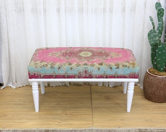 Rechteckiger Ottoman Sitz mit Leopard und Tiger Animal Print Polsterung in Gelb und Braun, Schwarzer Holzrahmen mit konischen geschnitzten Beinen