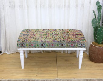 Rustic Kilim Upholstered Ottoman Bench Farmhouse Entryway Seat Wooden Furniture Tribal Living Room Accent